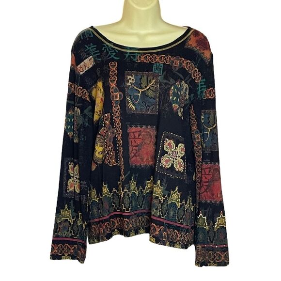 Chico's Black Asian Inspired Graphic Rhinestone Embellished Top, size 1, Medium - Picture 1 of 10